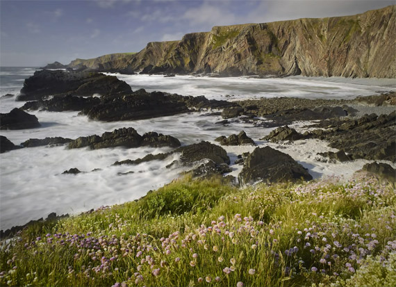 antony spencer blend composite cliffs sea waves rocks meadow flowers