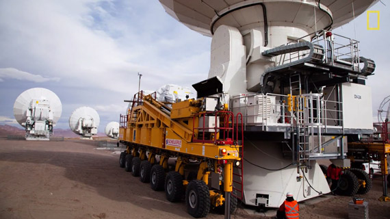 One of the giant antennas being trucked in on a massive 28-wheeled vehicle.