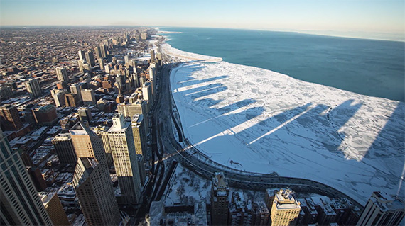 chicago skyline in winter shadow