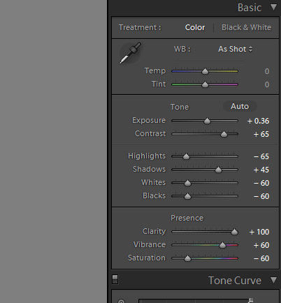 control panel in lightroom