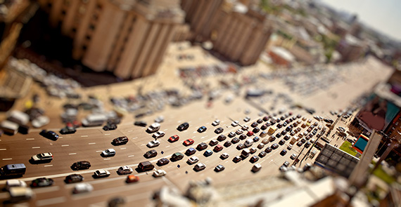 tilt shift image of city traffic