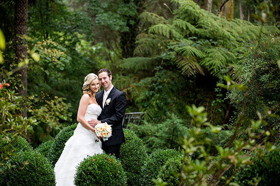 bride and groom in forest