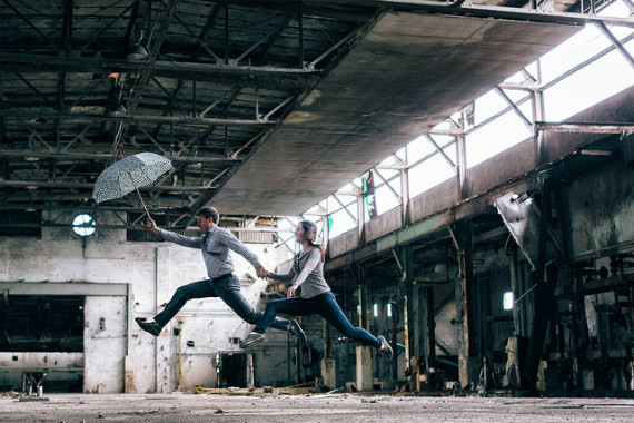 couple, flying, umbrella, engagement