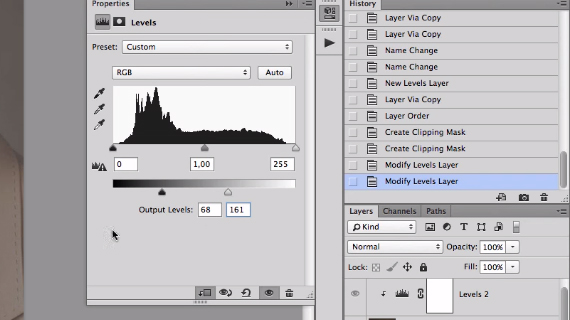 working with levels adjustment in Photoshop