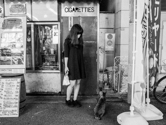 tokyo, girl, cat, black, white, monochromatic