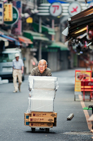 man, work, tokyo, street, worker, boxes