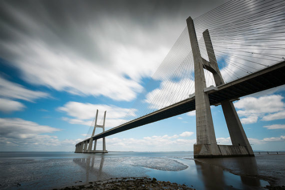bridge, long, exposure, water, sky, blue