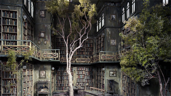 Trees growing into a library