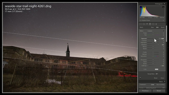 using lightroom to adjust exposure in star trail photos