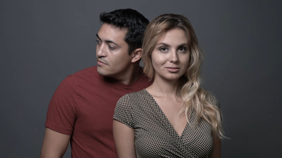 couple portrait facing in different directions