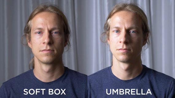 comparison of portraits taken using a softbox and an umbrella