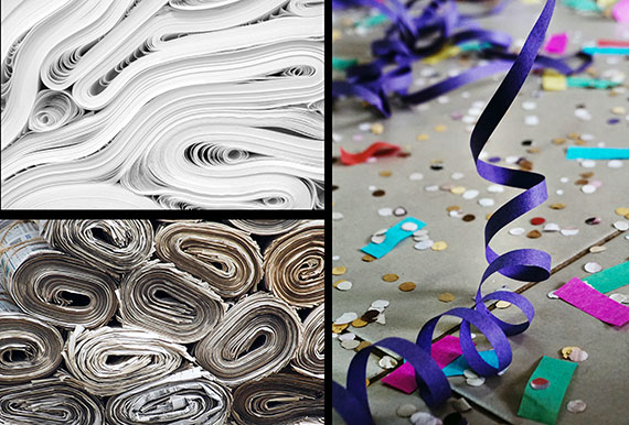 found and created spirals from ribbon, string and paper