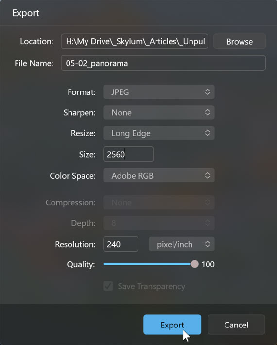 panorama export settings